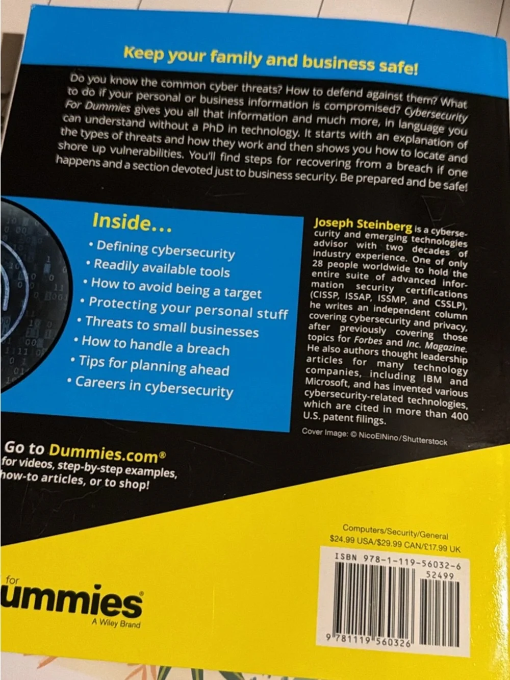Cybersecurity for Dummies by Joseph Steinberg - Black, Blue, Yellow Cover